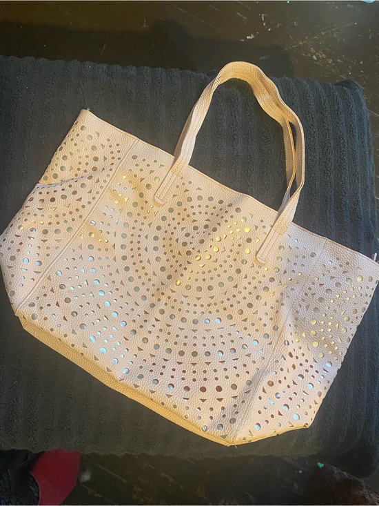 Bath & Body Works Handbags - Bath & Body Works Light Beige Tote with Metallic Dot Laser-Cut Design